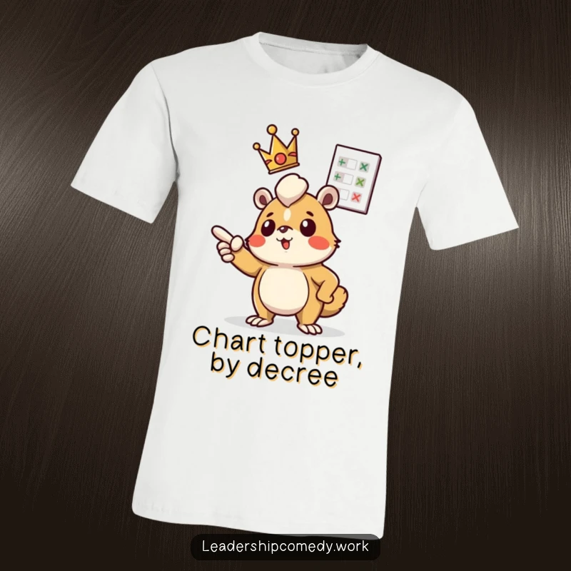 Funny t-shirt: A creature with a tiny crown enthusiastically points at a floating chart, embodying determination and leadership with humor.
