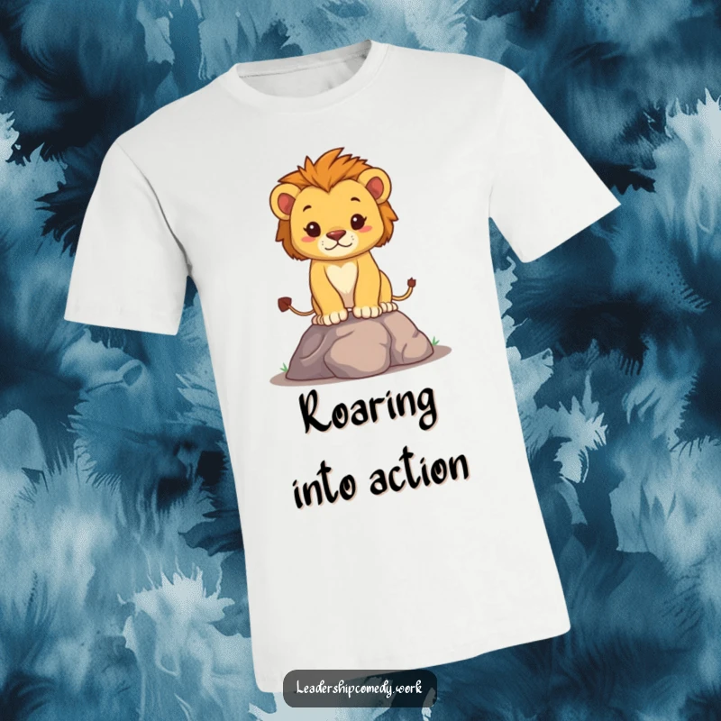 Funny lion cub t-shirt featuring a determined cub standing tall with puffed chest, symbolizing courage and playful pride, a bold funny gift.
