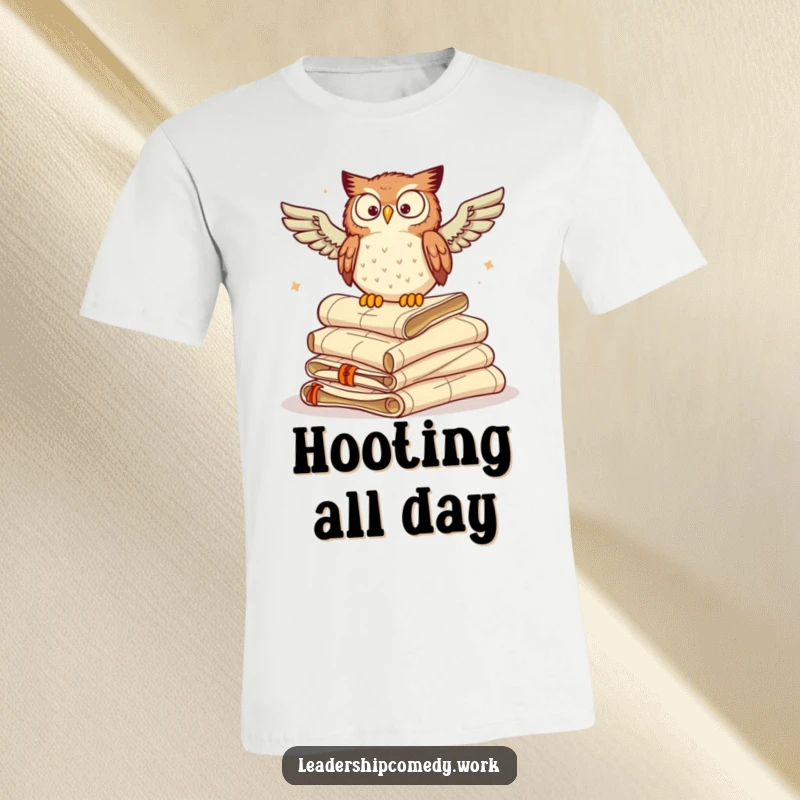 Funny t-shirt featuring a wise owl seated on a stack of scrolls, hooting directives and imparting wisdom.