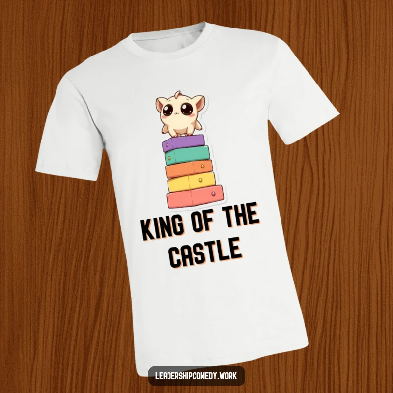 Funny t-shirt depicting a creature with wide, curious eyes perched high on a colorful block tower, surveying the world with amusement.