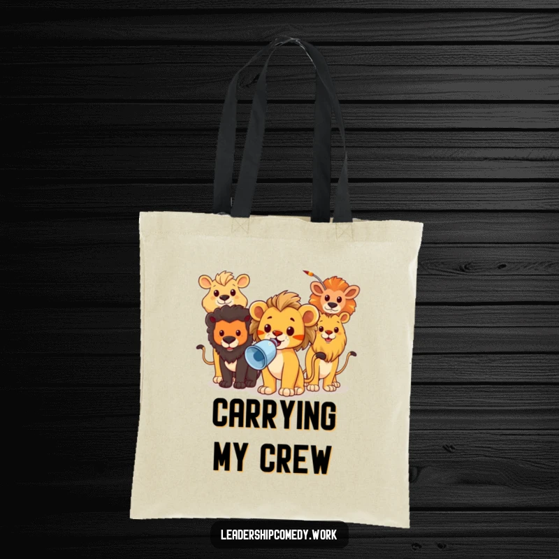 Funny tote bag showcasing a brave lion cub leading animals with a megaphone, perfect for carrying everyday items.