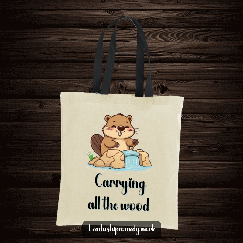 Funny beaver tote bag, directing small dam construction, symbolizing efficiency and cheerfulness. A practical and humorous accessory.