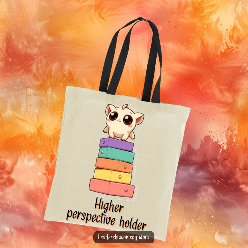 Funny tote bag with a creature on a block tower, its curious eyes gazing outwards, ready to carry your day's essentials humorously.