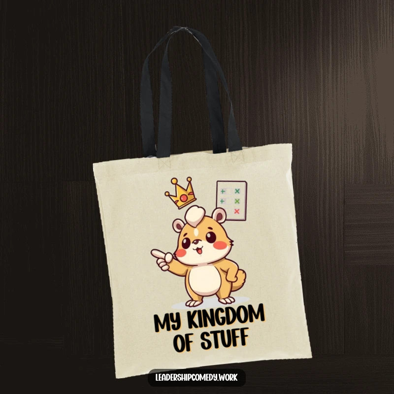 Funny tote bag: A crowned creature enthusiastically points at a floating chart, representing ambition and goal-setting with humor.