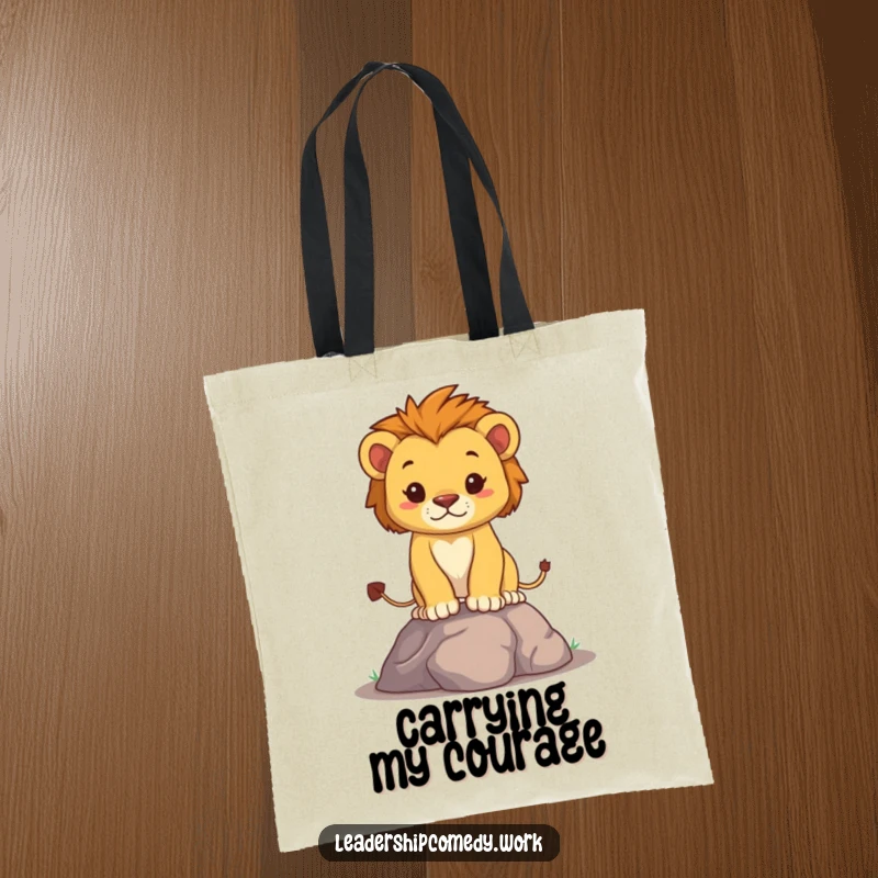 Funny lion cub tote bag featuring a determined cub standing tall, perfect for carrying items with bravery and playful pride, a stylish funny gift.